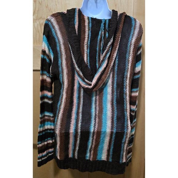 Rock & Roll Denim Striped Knit Sweater With Hood - Brown/Blue/White/Pink Boho - Picture 4 of 8